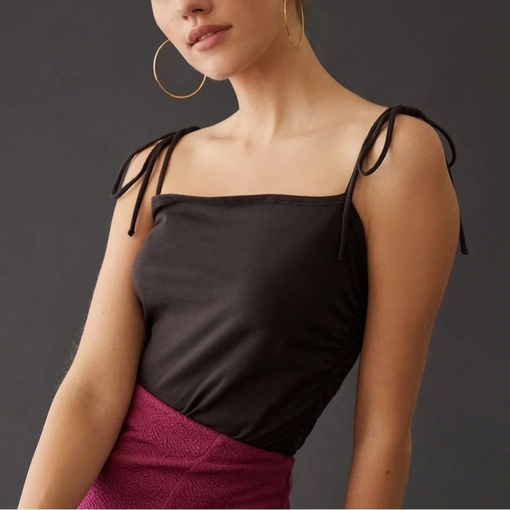 Anthropologie black ruched shoulder tie tank Size women’s XL